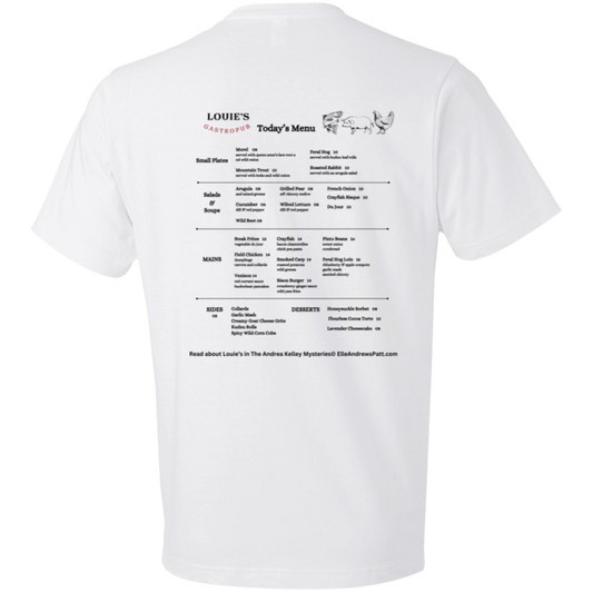 Louie's T-shirt from The Archivist series with Menu on the back! Multiple Colors