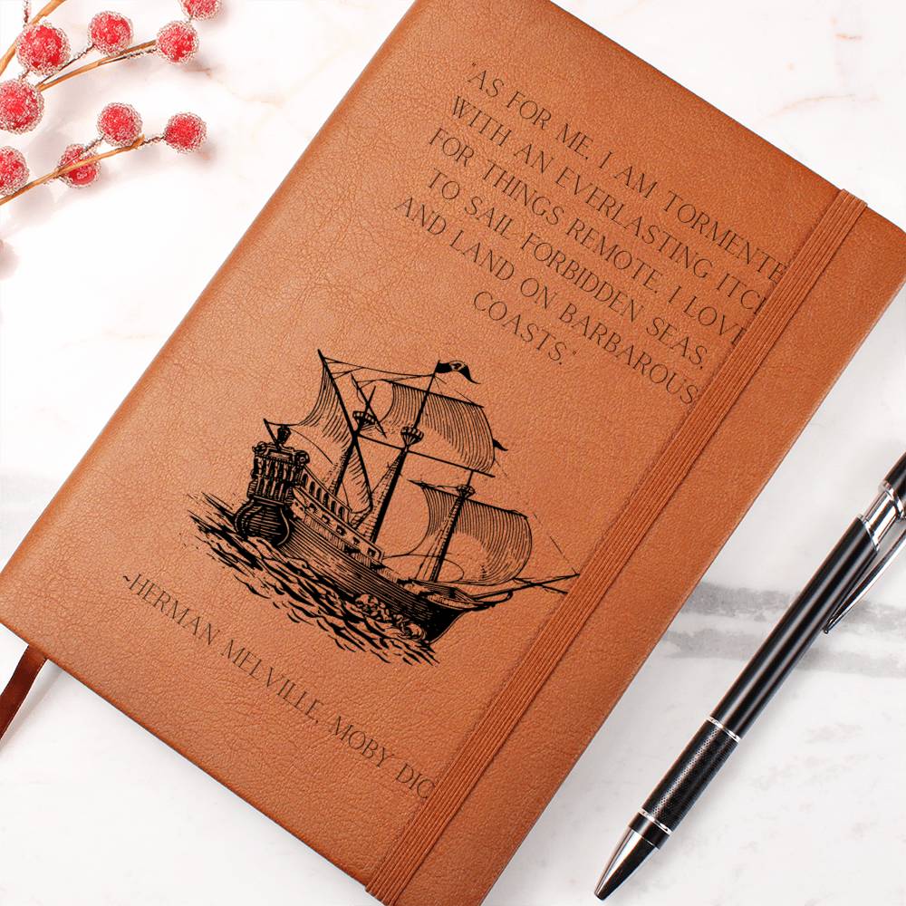 Vegan Leather Journal: Herman Melville Quote with Ship Motif