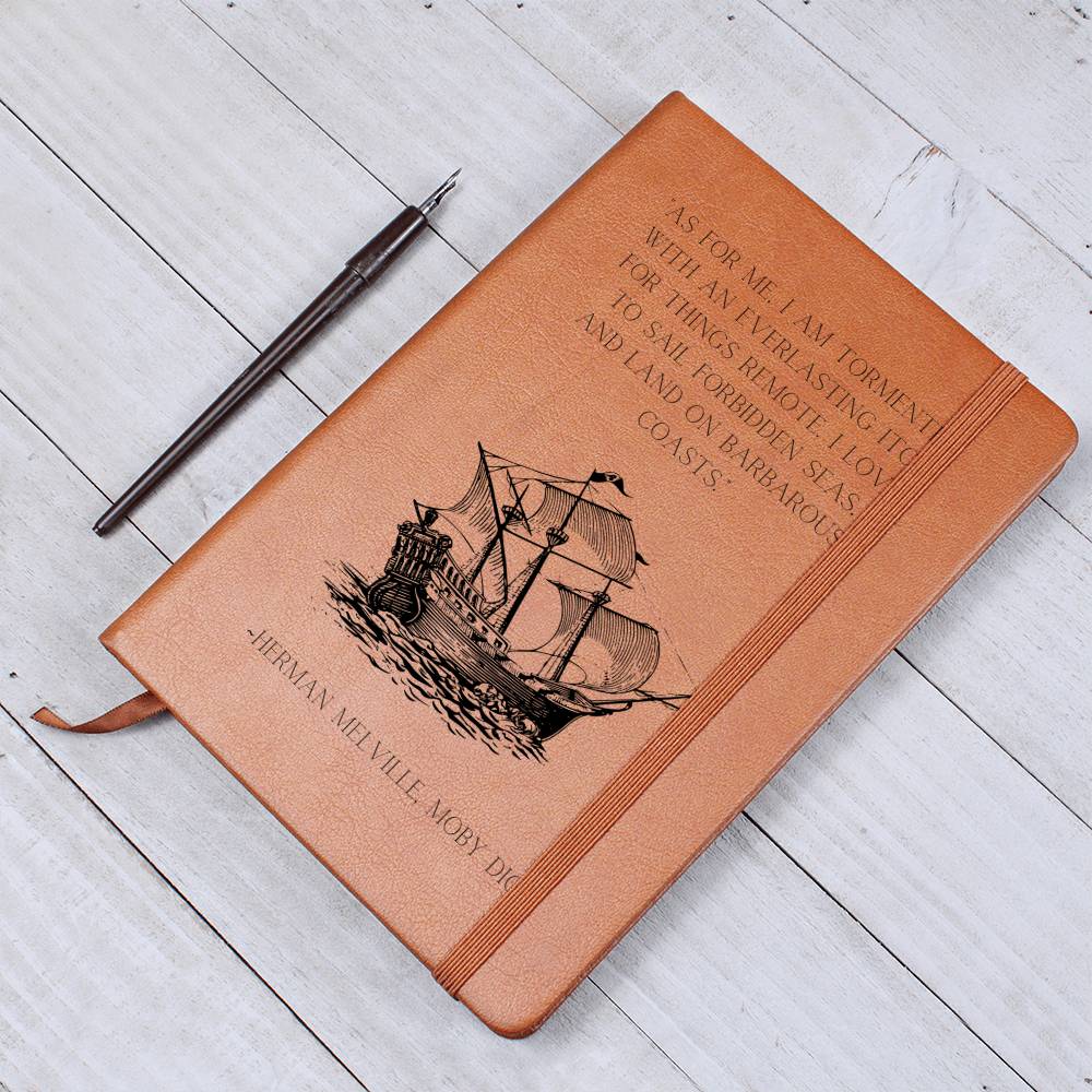 Vegan Leather Journal: Herman Melville Quote with Ship Motif