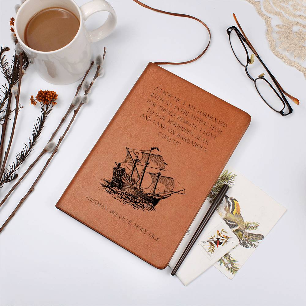 Vegan Leather Journal: Herman Melville Quote with Ship Motif