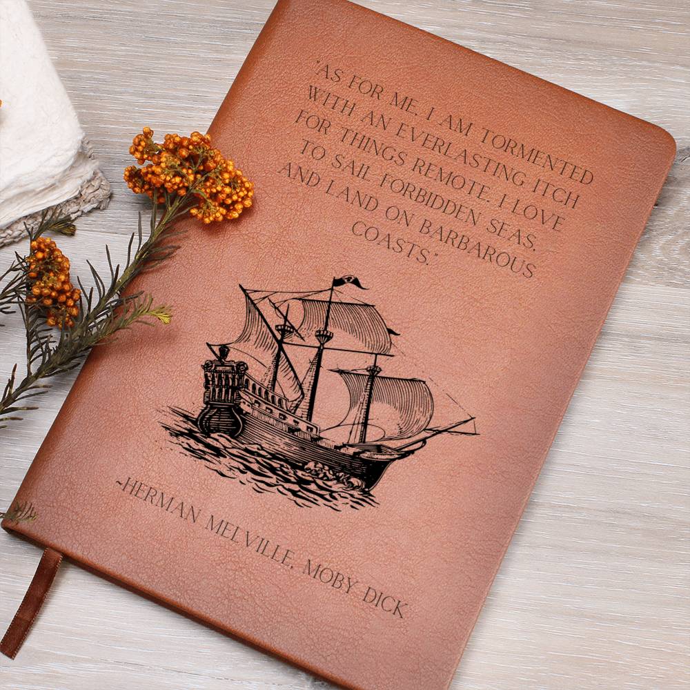 Vegan Leather Journal: Herman Melville Quote with Ship Motif