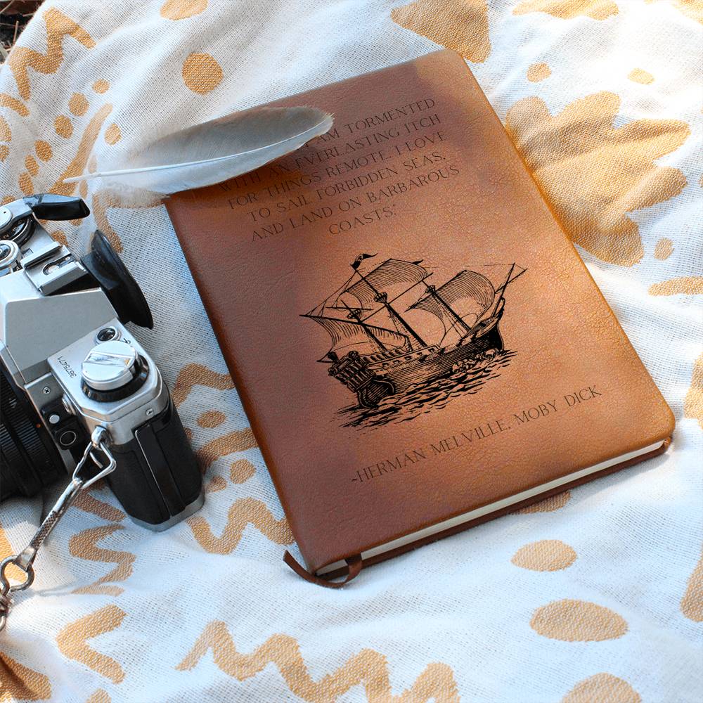 Vegan Leather Journal: Herman Melville Quote with Ship Motif