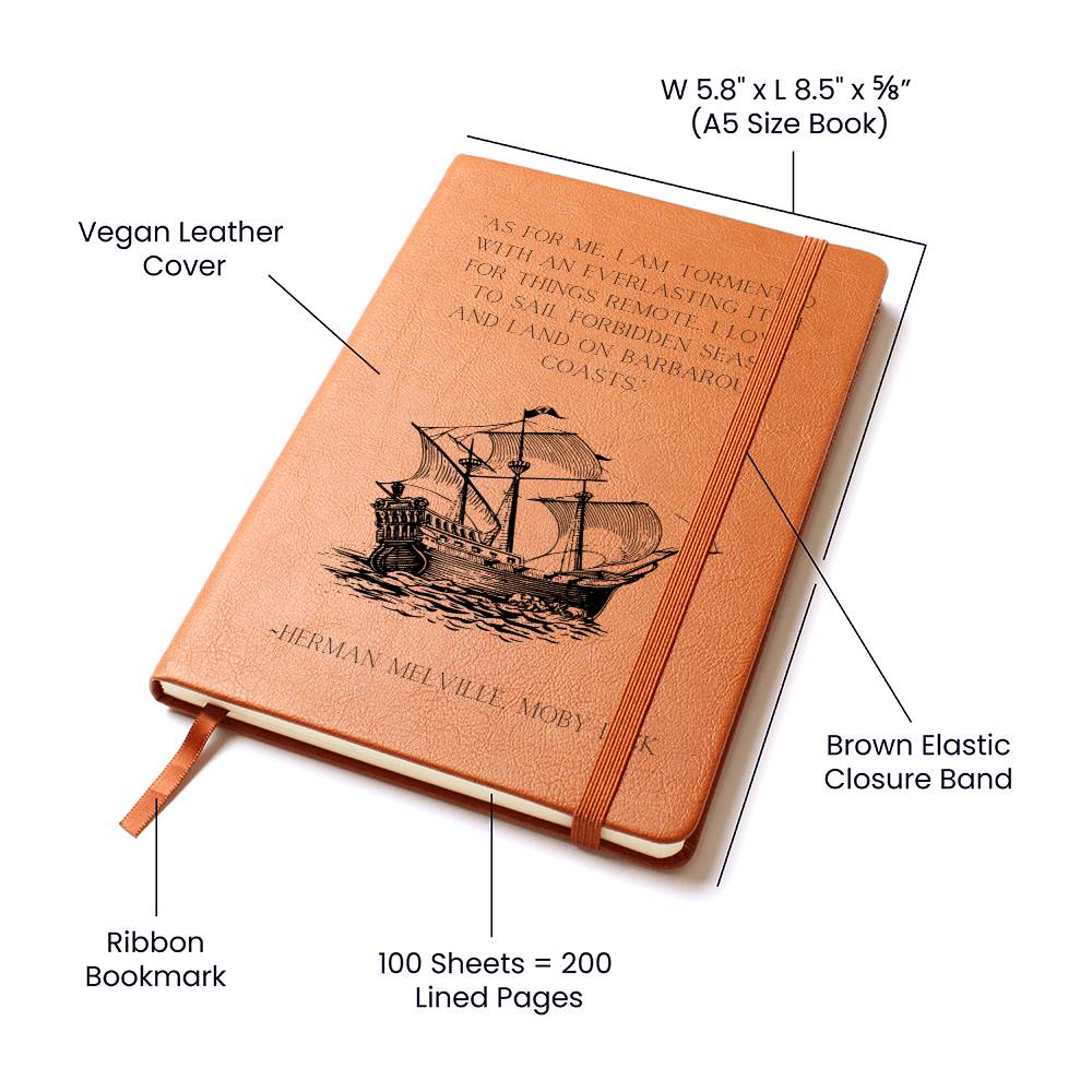 Vegan Leather Journal: Herman Melville Quote with Ship Motif